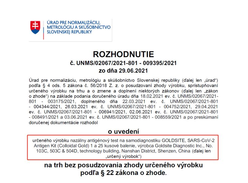 Kit de autoevaluación GOLDSITE SARS-CoV-2 aprobado por UNMS Slovak