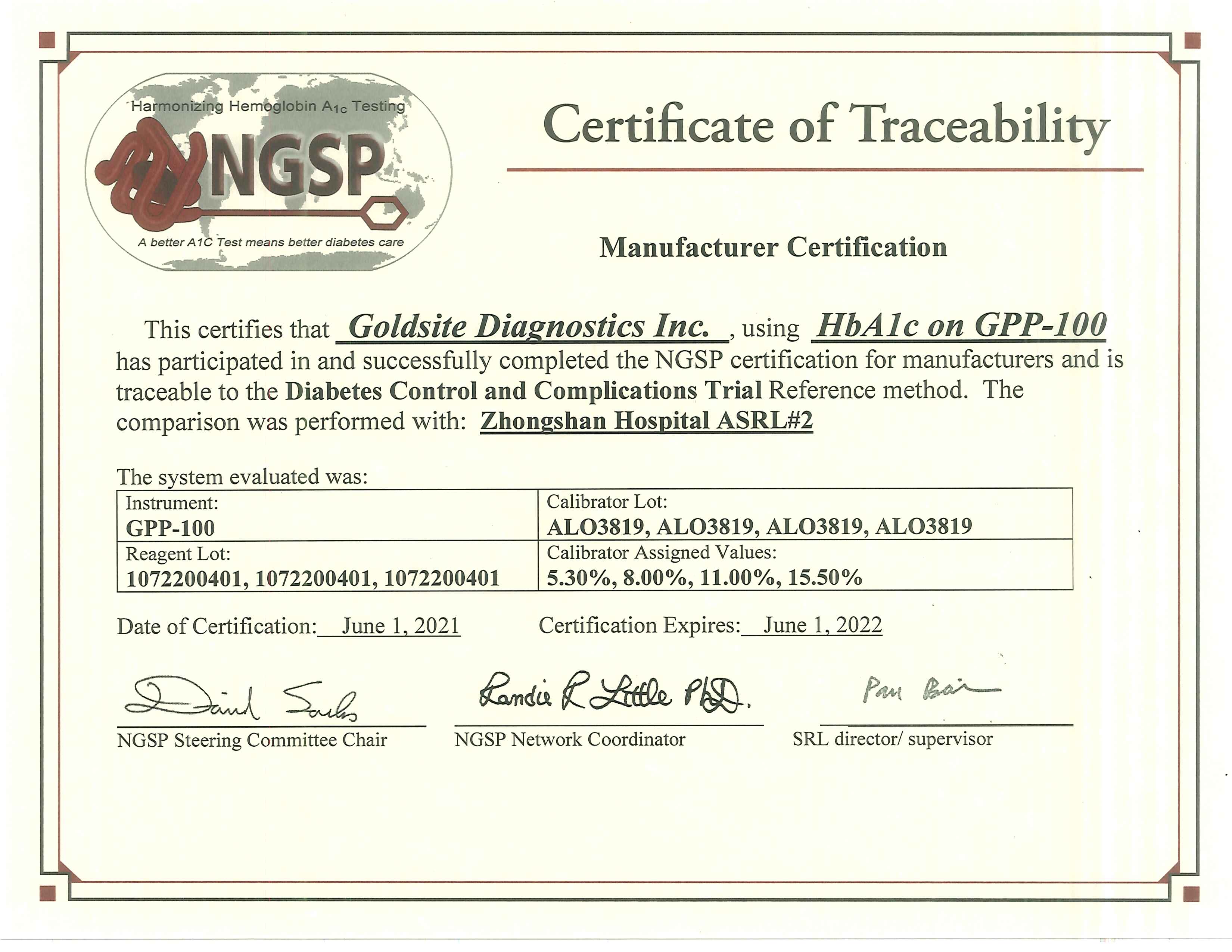 NGSP 证书   HBA1C   EN   GPP-100   2021.6.12022.6.1